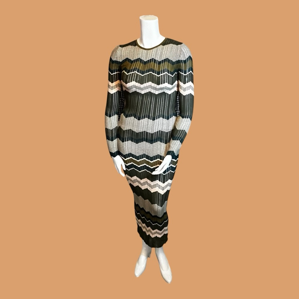 Torn by Ronny Kobo Chevron Knit Maxi Dress Green/Cream, L